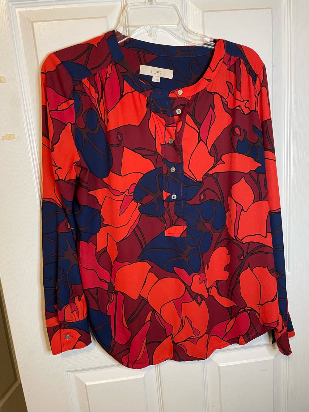 LOFT Red and Navy Abstract Floral Long-Sleeve Blouse